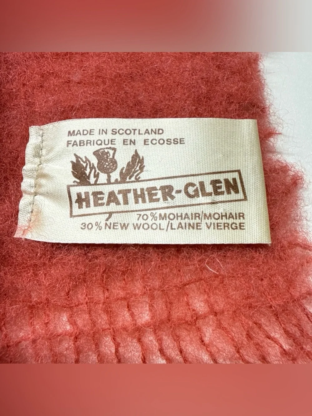 Heather Glen Scotland Mohair Wool Coral Pink Red Scarf‎ 68”x9” Loose Knit Unisex